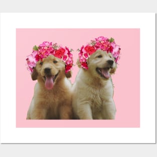 Cute golden retriever in flower crowns Posters and Art